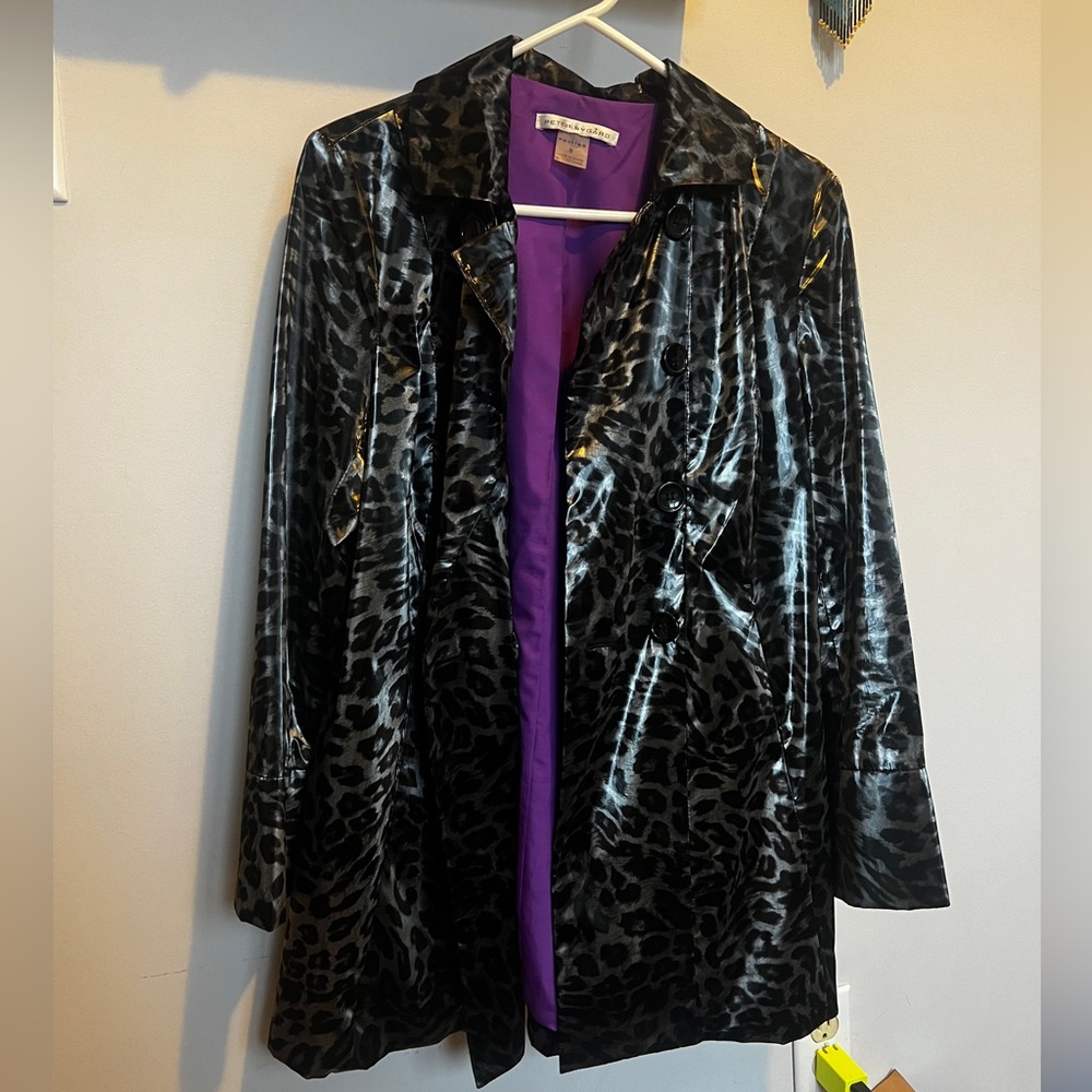 Peter Nygard Black and Gray Animal Print Trench Coat
